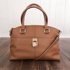 Calvin Klein Pebbled Leather Satchel Bag Dual Handle Exterior Pockets Brown Gold